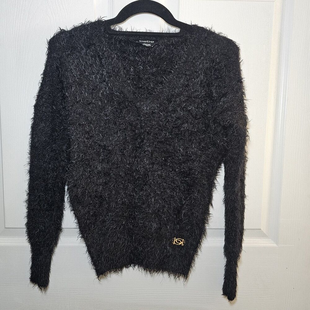 Bebe Black Fuzzy Eyelash Knit Y2K Sweater XS Whimsigoth Witchy
